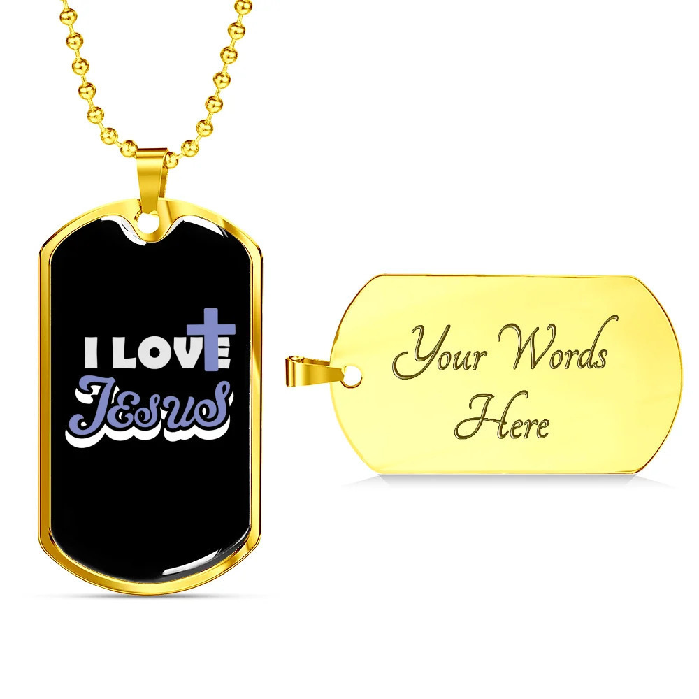 I Love Jesus Personalized Engraved Gold Dog Tag Necklace Custom Name Date Gift